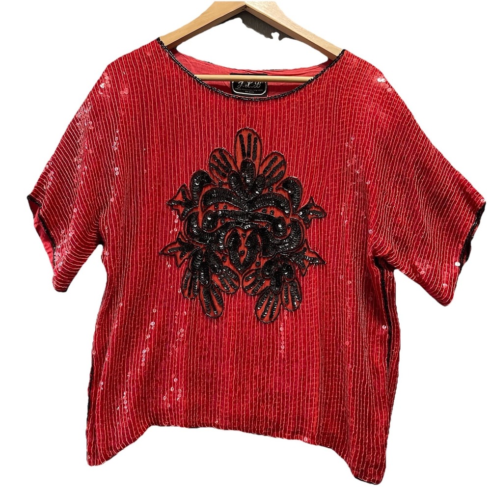 Elegant Red Sequin Blouse with Black Embellishment